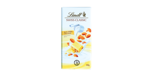 LINDT SWISS WHITE CHOCOLATE WITH ALMONDS 100G