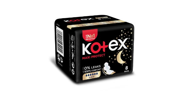 KOTEX MAXI PROTECT THICK PADS, OVERNIGHT PROTECTION SANITARY PADS WITH WINGS, 8 SANITARY PADS