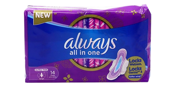 ALWAYS ALL IN ONE SANITARY PAD WITH WINGS ULTRA THIN LARGE 14 PADS