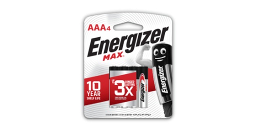 [130133] ENERGIZER AAA BATTERIES, MAX TRIPLE A ALKALINE PACK OF 4