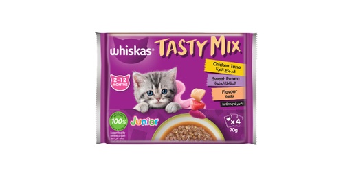 WHISKAS TASTY MIX JUNIOR CHICKEN TUNA AND SWEET POTATO FLAVOUR WET KITTEN FOOD, 4X70G